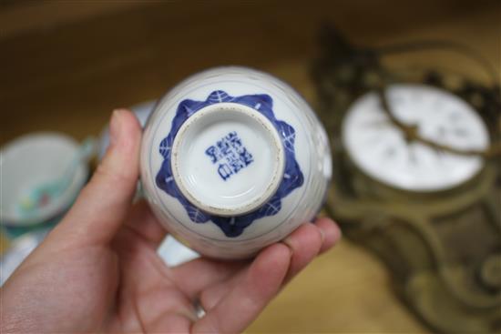 Six Chinese porcelain bowls, eight stands, three spoons and a candle holder, second half 20th century, largest bowl 10.2cm diameter